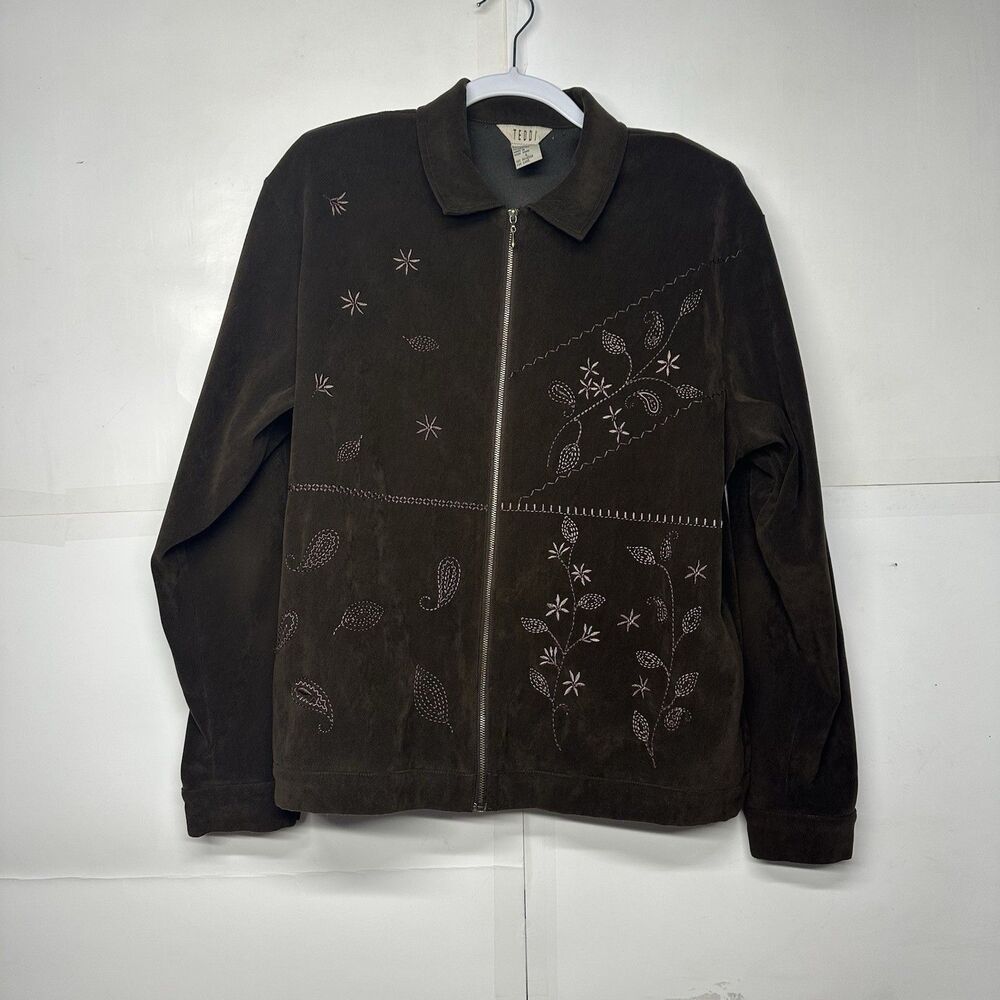 TEDDI Women’s Tracksuit Jacket Size Large Brown Zip Front Embroidered Floral